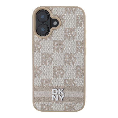 DKNY для iPhone 16 чехол PU Checkered Printed stripes Metal logo Hard Pink