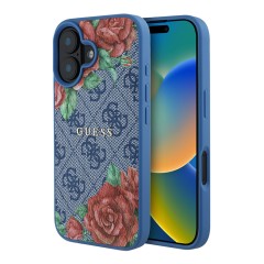 Guess для iPhone 16 чехол PU Flowers Roses Hard Blue (MagSafe)