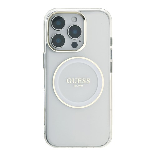Guess для iPhone 16 Pro чехол PC/TPU Middle Colored Ring Metal Cam Hard Transp/White (MagSafe)
