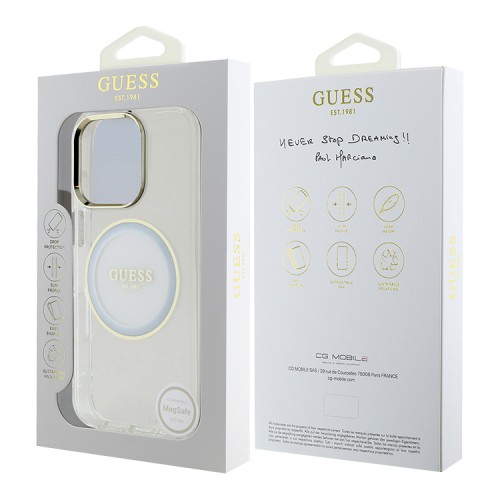 Guess для iPhone 16 Pro чехол PC/TPU Middle Colored Ring Metal Cam Hard Transp/White (MagSafe)