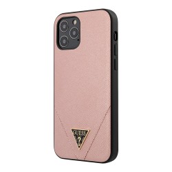 Чехол Guess Saffiano Triangle Metal logo Hard для iPhone 12 | 12 Pro, розовый