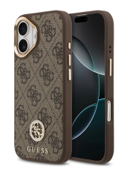 Guess для iPhone 17 чехол PU 4G Diamond metal logo Gold camera Hard Brown (MagSafe)