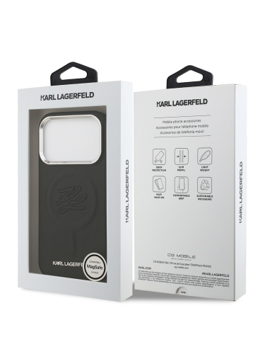 Karl Lagerfeld для iPhone 17 Pro Max чехол PU Debossed Initials Metal logo & Camera Hard Black (MagSafe)