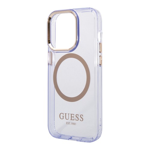 Чехол Guess Metal outline Hard Translucent для iPhone 14 Pro Max, фиолетовый/золотой (MagSafe)