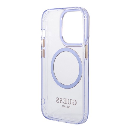 Чехол Guess Metal outline Hard Translucent для iPhone 14 Pro Max, фиолетовый/золотой (MagSafe)