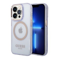 Чехол Guess Metal outline Hard Translucent для iPhone 14 Pro Max, фиолетовый/золотой (MagSafe)