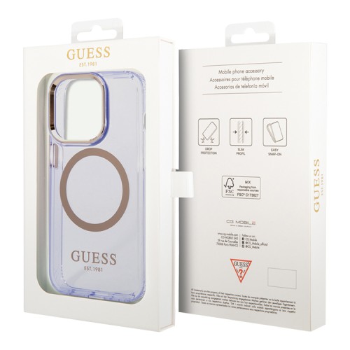 Чехол Guess Metal outline Hard Translucent для iPhone 14 Pro Max, фиолетовый/золотой (MagSafe)
