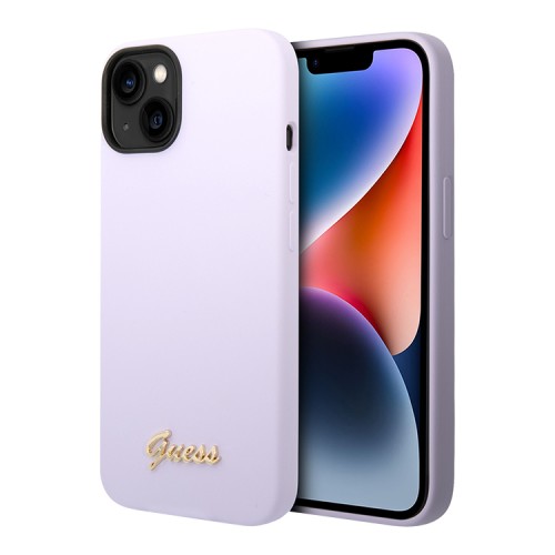 Чехол Guess Liquid Silicone Gold Metal logo для iPhone 14, фиолетовый