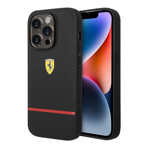 Кожаный чехол Ferrari Leather Perforated with red line Hard для iPhone 14 Pro, черный