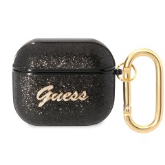 Чехол Guess Glitter flakes Metal logo с карабином для Airpods 3 (2021), черный