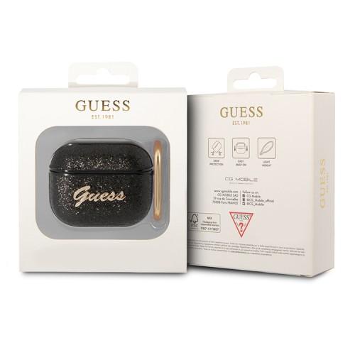 Чехол Guess Glitter flakes Metal logo с карабином для Airpods 3 (2021), черный
