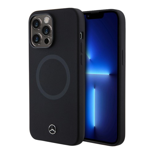 Mercedes для iPhone 14 Pro Max чехол Liquid silicone Bicolor Laser Ring Hard Black (MagSafe)