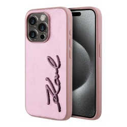 Karl Lagerfeld для iPhone 15 Pro чехол PU Wrinkled Signature Metal logo & Camera frame Hard Pink