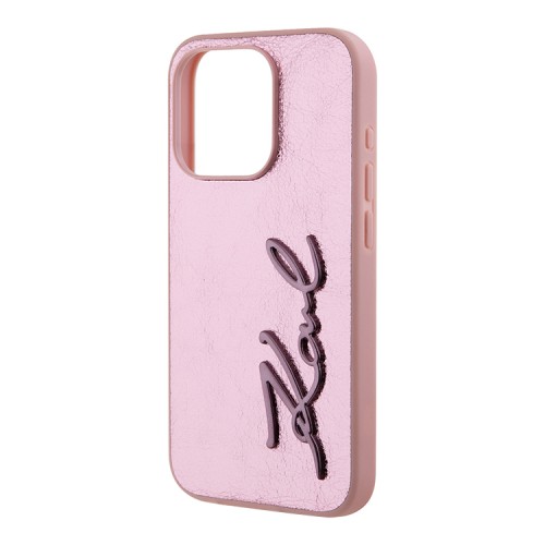 Karl Lagerfeld для iPhone 15 Pro чехол PU Wrinkled Signature Metal logo & Camera frame Hard Pink