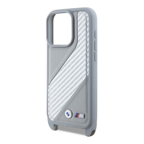 BMW для iPhone 16 Pro чехол Crossbody PU Carbon stripe Metal logo + Strap Hard Grey