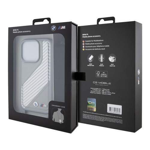 BMW для iPhone 16 Pro чехол Crossbody PU Carbon stripe Metal logo + Strap Hard Grey