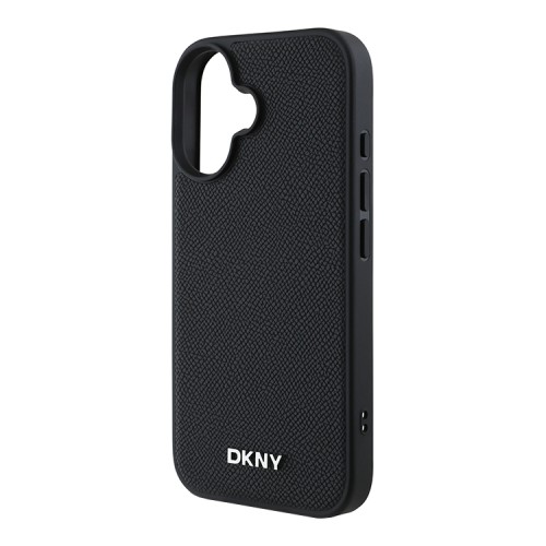 DKNY для iPhone 16 чехол PU Grained leather Metal logo Hard Black (MagSafe)