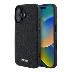 DKNY для iPhone 16 чехол PU Grained leather Metal logo Hard Black (MagSafe)