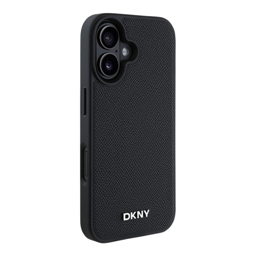 DKNY для iPhone 16 чехол PU Grained leather Metal logo Hard Black (MagSafe)