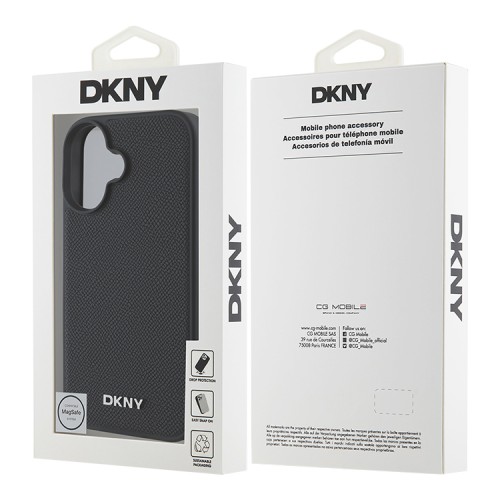 DKNY для iPhone 16 чехол PU Grained leather Metal logo Hard Black (MagSafe)