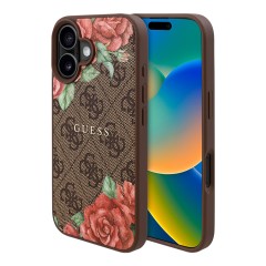 Guess для iPhone 16 чехол PU Flowers Roses Hard Brown (MagSafe)