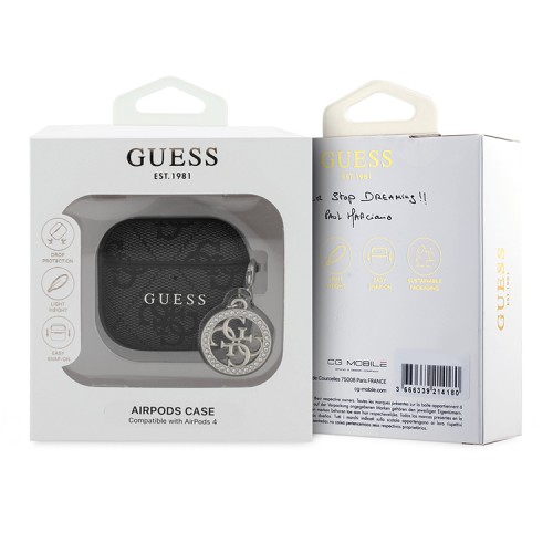 Guess для Airpods 4 чехол PU leather 4G with Classic metal logo and Diamond charm Black