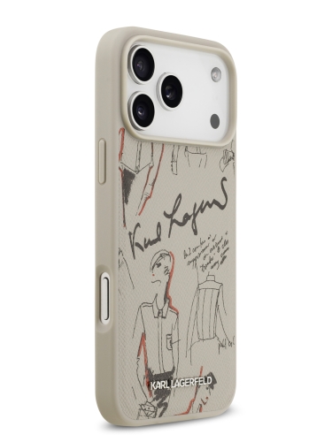 Karl Lagerfeld для iPhone 17 Pro чехол PU Grained leather Sketch with Metal logo Hard Grey (MagSafe)