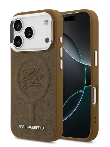 Karl Lagerfeld для iPhone 17 Pro Max чехол PU Debossed Initials Metal logo & Camera Hard Brown (MagSafe)