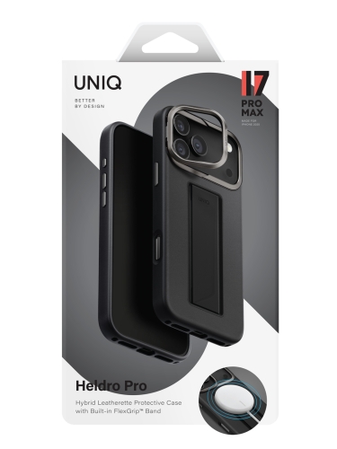 Uniq для iPhone 17 Pro Max чехол Heldro PRO Leatherette + FlexGrip & Camera stand Black (MagSafe)