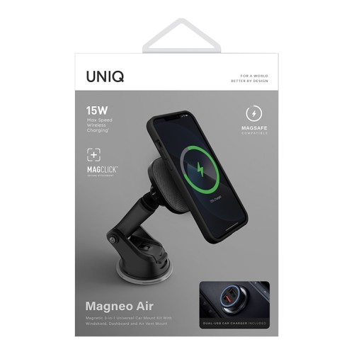 Держатель Uniq Magneo Air Magnetic wireless 15W (на торпеду/стекло/воздуховод) +АЗУ All-in-one, серый
