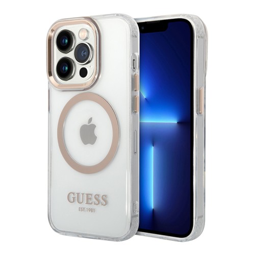 Чехол Guess Metal outline Hard для iPhone 14 Pro Max, прозрачный/золотой (MagSafe)
