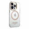 Чехол Guess Metal outline Hard для iPhone 14 Pro Max, прозрачный/золотой (MagSafe)