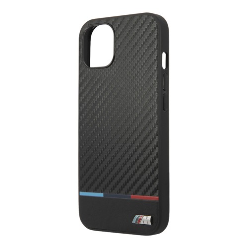 Чехол BMW M-Collection PU Carbon Hard Tricolor line для iPhone 13, черный (MagSafe)