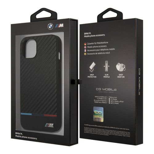 Чехол BMW M-Collection PU Carbon Hard Tricolor line для iPhone 13, черный (MagSafe)
