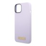 Чехол Guess Liquid Silicone Plate metal logo Hard для iPhone 14, фиолетовый (Magsafe)