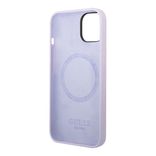 Чехол Guess Liquid Silicone Plate metal logo Hard для iPhone 14, фиолетовый (Magsafe)