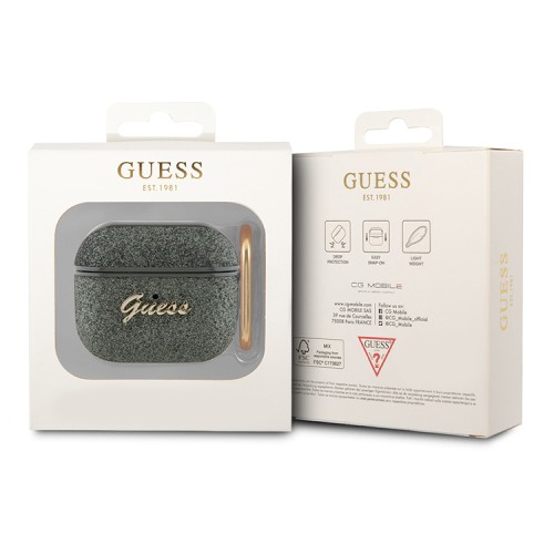 Чехол Guess Glitter flakes Metal logo с карабином для Airpods 3 (2021), зеленый