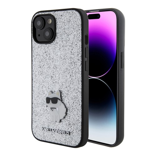 Lagerfeld для iPhone 15 чехол Fixed glitters NFT Choupette Metal pin Hard Silver