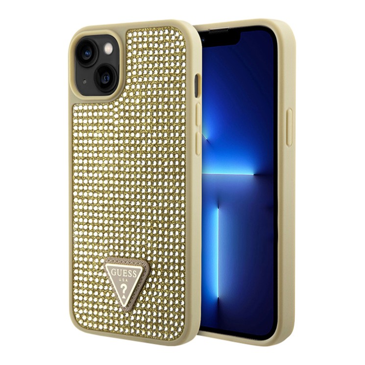 Guess для iPhone 15 чехол Diamond Rhinestone Triangle metal logo Hard Gold