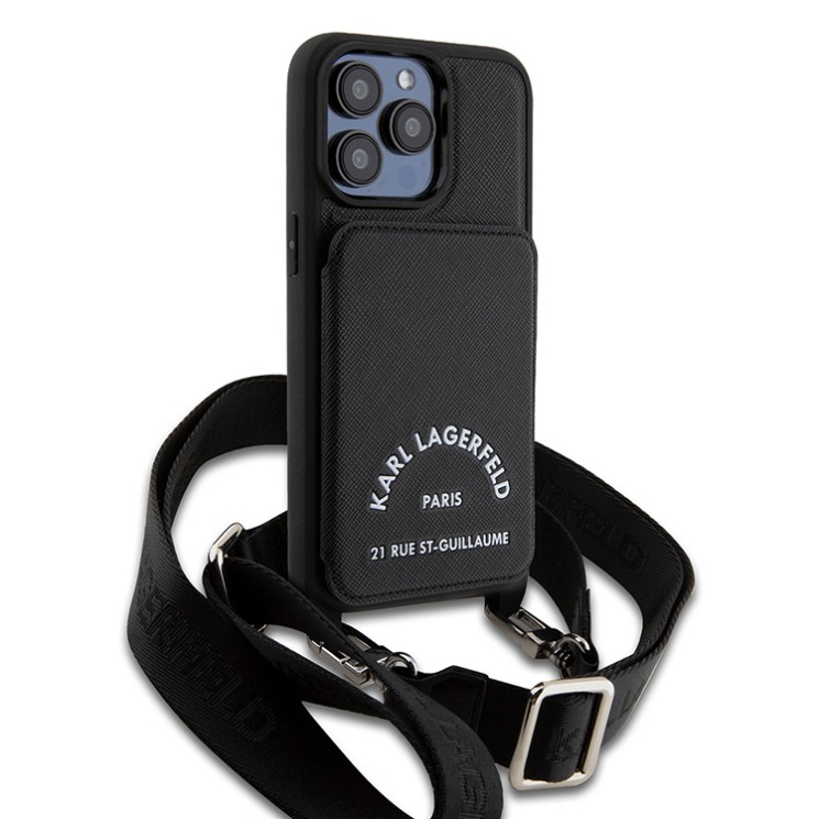 Karl Lagerfeld для iPhone 15 Pro чехол Crossbody cardslot PU Saffiano RSG Hard Black