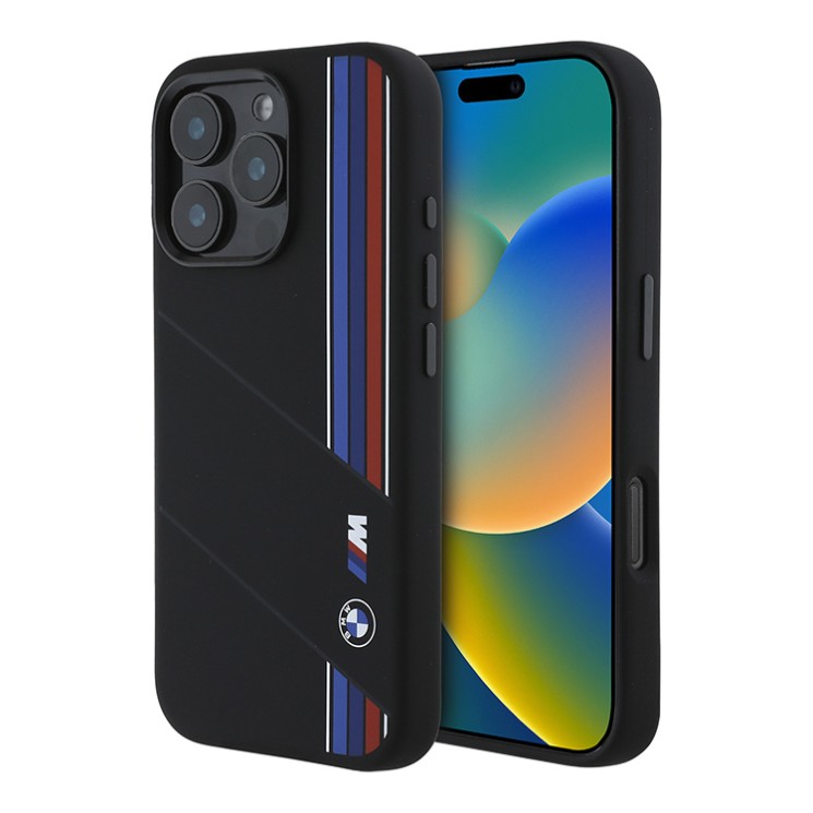 BMW для iPhone 16 Pro чехол M-Collection Liquid silicone Lines Metal camera Hard Black (MagSafe)