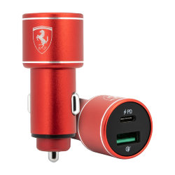 Автомобильная зарядка Ferrari Dual Port Type-С+USB Quick Charge 36W, красная