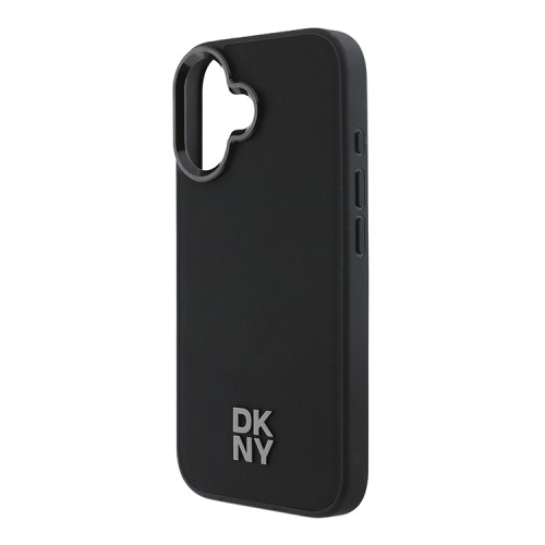 DKNY для iPhone 16 чехол PU Plain leather Stack Metal logo Hard Black (MagSafe)