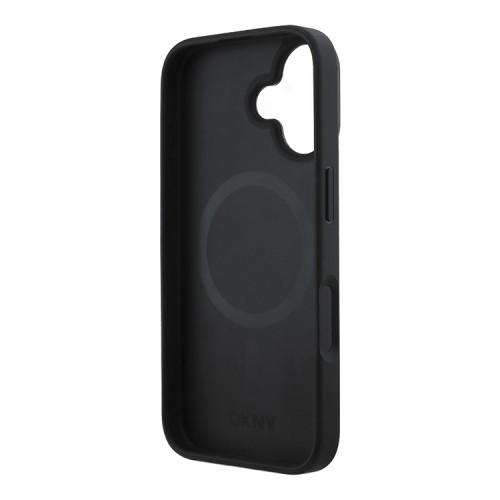 DKNY для iPhone 16 чехол PU Plain leather Stack Metal logo Hard Black (MagSafe)
