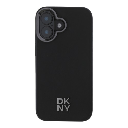 DKNY для iPhone 16 чехол PU Plain leather Stack Metal logo Hard Black (MagSafe)