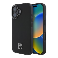 DKNY для iPhone 16 чехол PU Plain leather Stack Metal logo Hard Black (MagSafe)