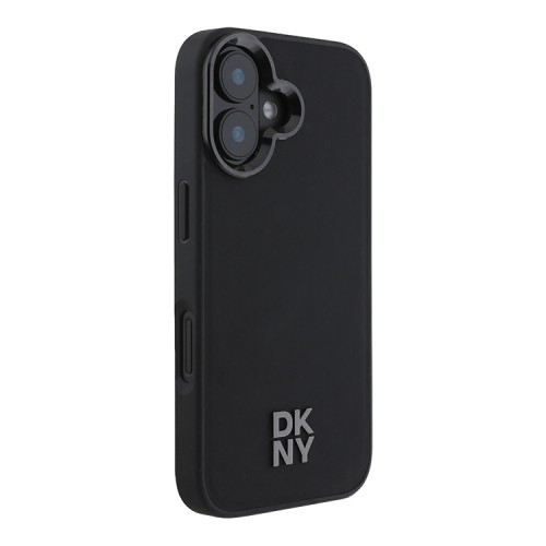 DKNY для iPhone 16 чехол PU Plain leather Stack Metal logo Hard Black (MagSafe)