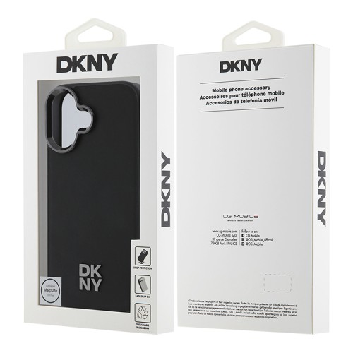 DKNY для iPhone 16 чехол PU Plain leather Stack Metal logo Hard Black (MagSafe)