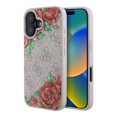 Guess для iPhone 16 чехол PU Flowers Roses Hard Pink (MagSafe)