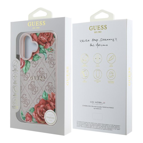 Guess для iPhone 16 чехол PU Flowers Roses Hard Pink (MagSafe)